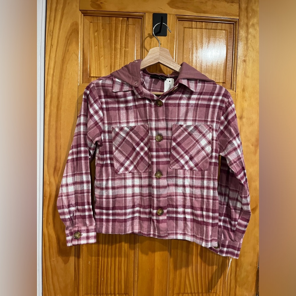 New with Tag Moon & Stars Pink Justus Boxy Hooded Preppy Shacket Size Large